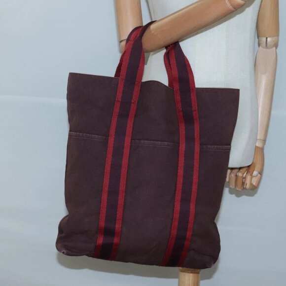 HERMES Fourre Tout Cabas Tote Bag Canvas Bordeaux Auth - Picture 1 of 15